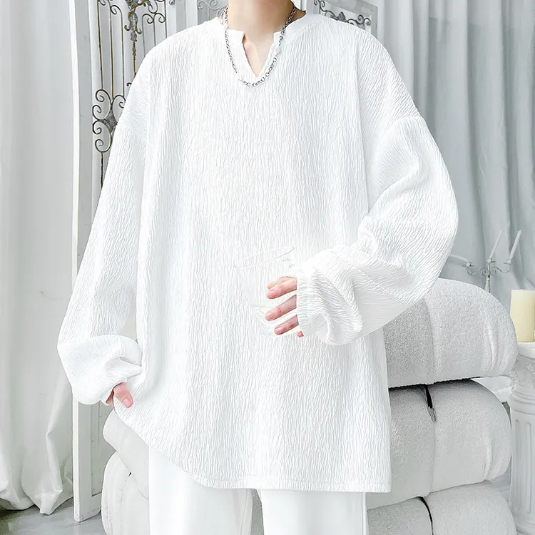 纪珀汀小V领纯色长袖T男港风时尚痞帅纹理简约感打底衫潮T21704