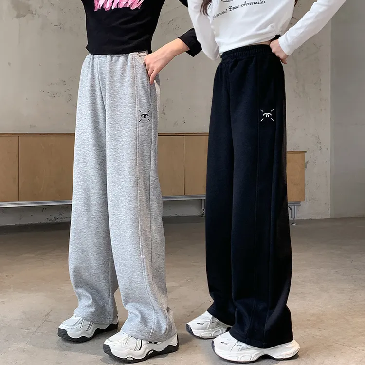 女童直筒阔腿运动裤秋季2025新款中大童女孩针织卫裤休闲长裤春秋