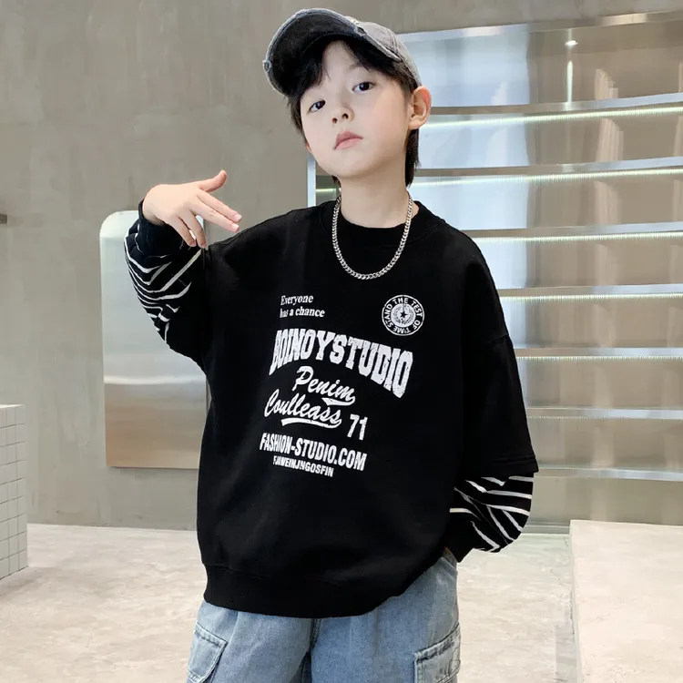 男童假两件卫衣春秋款2025新款儿童早春打底衫男孩韩范宽松上衣潮