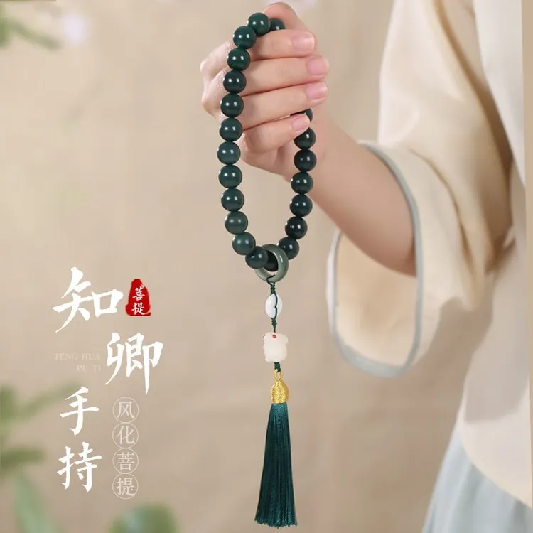 菩提手串圆珠阴皮绿菩提子雕刻玉兔挂饰文玩手持男女佛珠禅意念珠