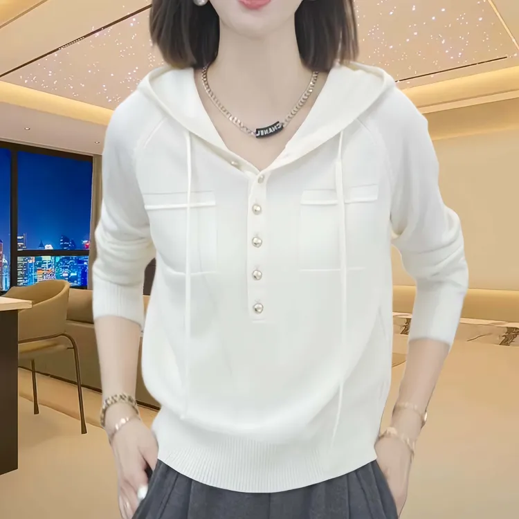秋季宽松半开领连帽针织衫上衣女2025尚单排扣休闲百搭长袖小衫