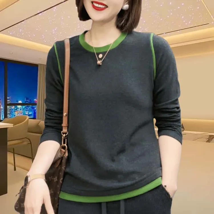冬季保暖德绒打底衫女上衣宽松新款拼色休闲百搭套头长袖圆领t恤