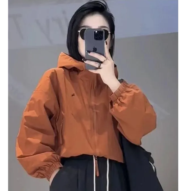 2025春秋新款连帽拉链短款小个子下摆抽绳休闲长袖冲锋衣夹克外套