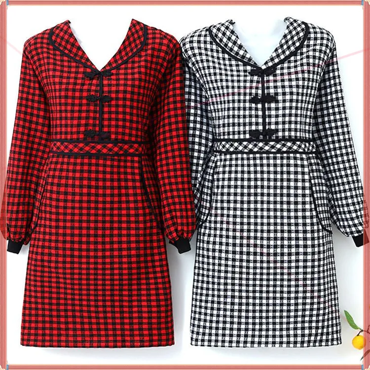 纯棉长袖翻领围裙格子罩衣女工作罩衣防污家用高档洋气均码女女款