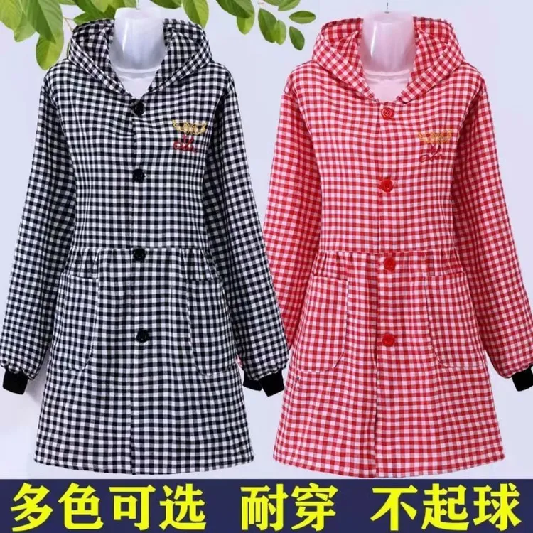 韩版新款纯棉围裙家用做饭罩衣女上班工作服长袖纽扣连帽正穿衣女