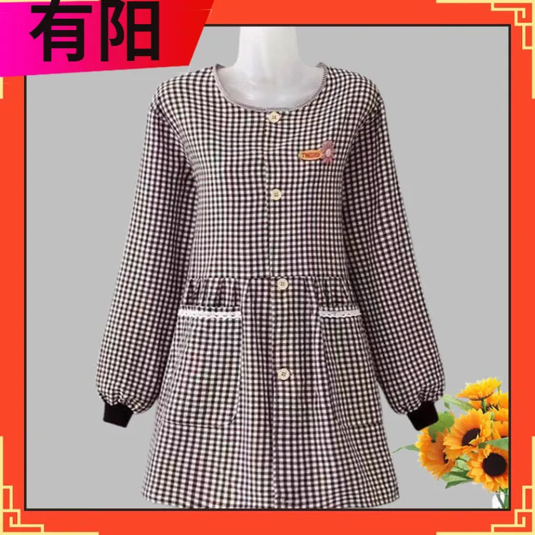 2023新款纯棉前开扣长袖罩衣韩版轻薄围裙厨房家前开扣罩衣大人穿