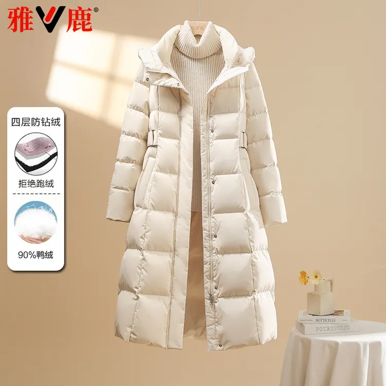 雅鹿2025新款羽绒服女冬季长款连帽韩版纯色百搭时尚收腰显瘦外套