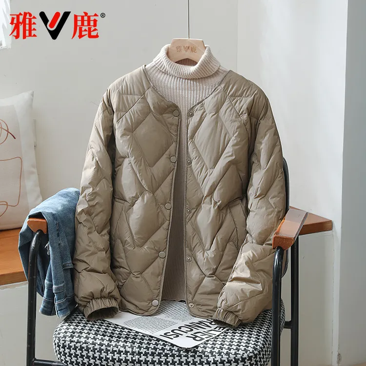 雅鹿2025新款轻薄羽绒服女纯色小个子简约保暖长袖菱格羽绒内胆潮