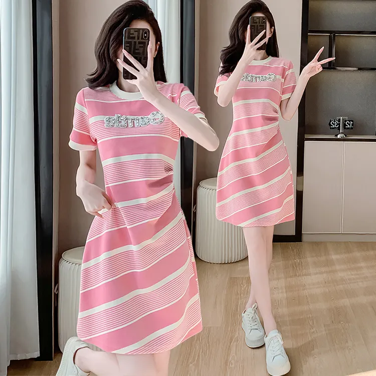洋气减龄条纹短袖连衣裙女夏装2025新款褶皱收腰设计感显瘦T恤裙