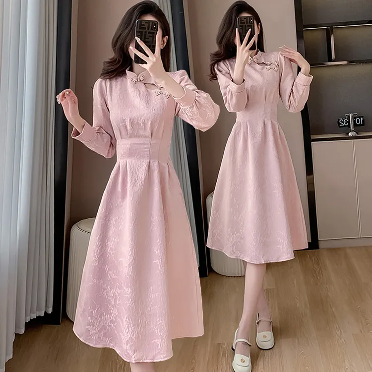 旗袍改良新中式连衣裙女2025春秋新款复古斜襟盘扣气质修身长裙子