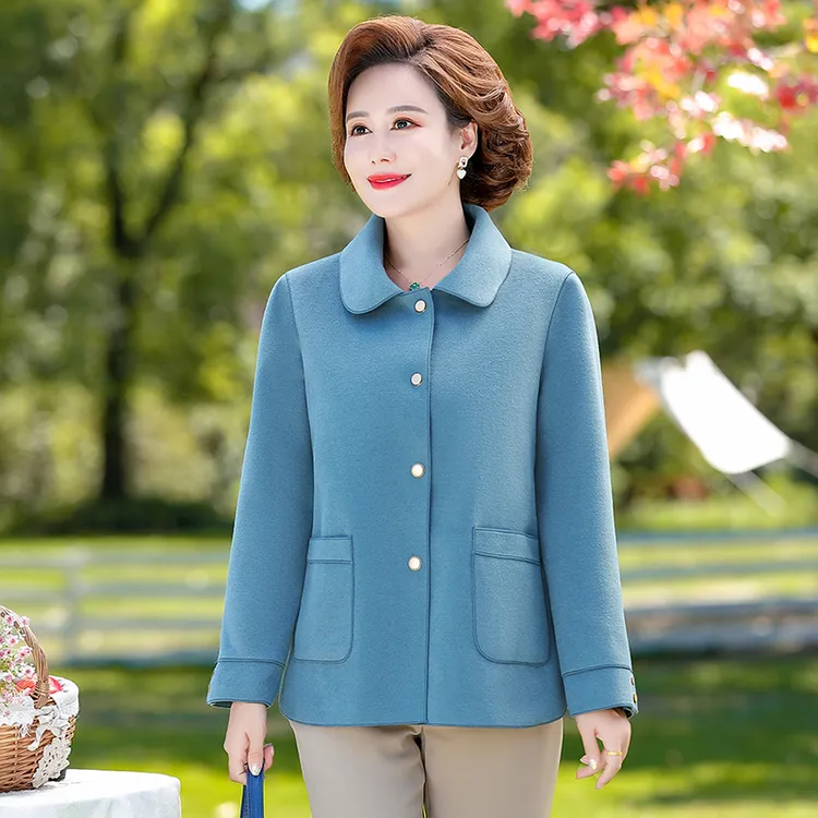 妈妈时尚春装洋气毛呢外套大码中老年上衣短款纯色双面呢春上新