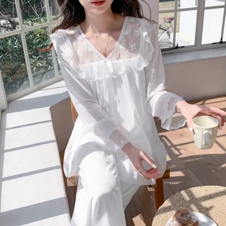 【芳芳定制】公主风网纱蕾丝宽松甜美薄款显瘦纯色睡衣家居服套装