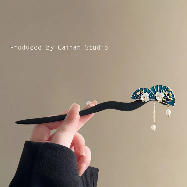 双扇子流苏发簪白贝花朵檀木国风复古茶服旗袍国潮头饰簪子