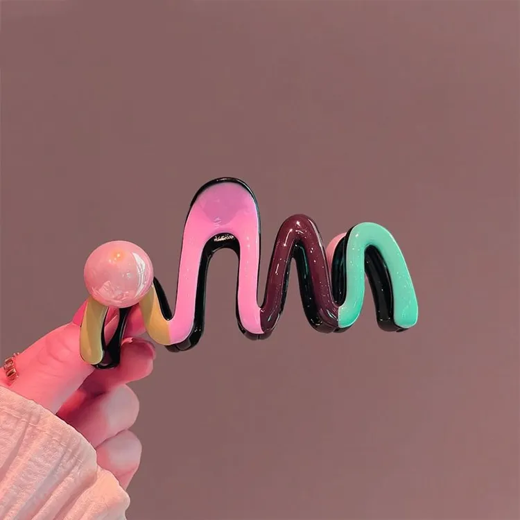 彩色波浪抓夹女2024新款珍珠发夹气质鲨鱼夹网红后脑勺盘发抓头饰