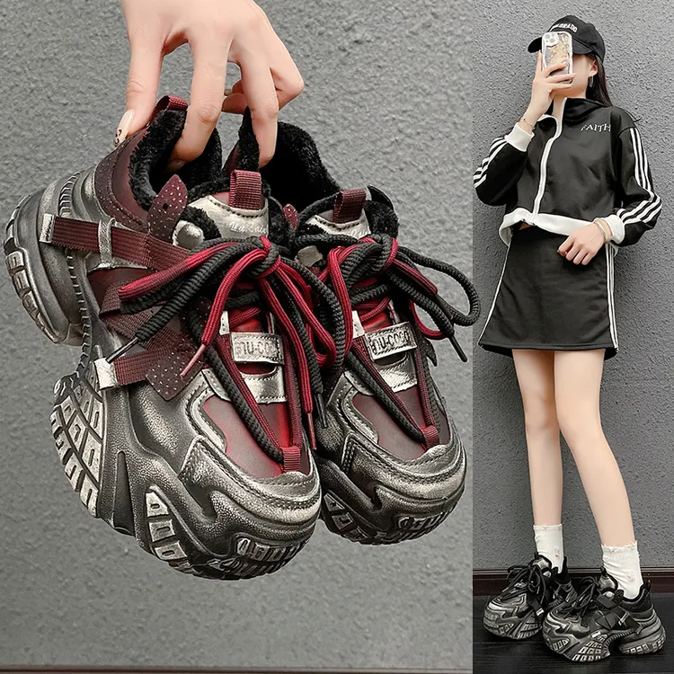 老爹鞋女ins超火做旧擦色脏脏运动鞋6cm绑带休闲鞋加绒棉鞋休闲鞋