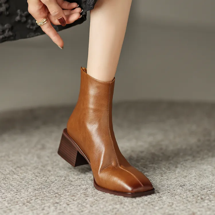 牛皮女短靴方头粗跟马丁靴/4CM跟高/3女士牛皮西部牛仔方头粗跟