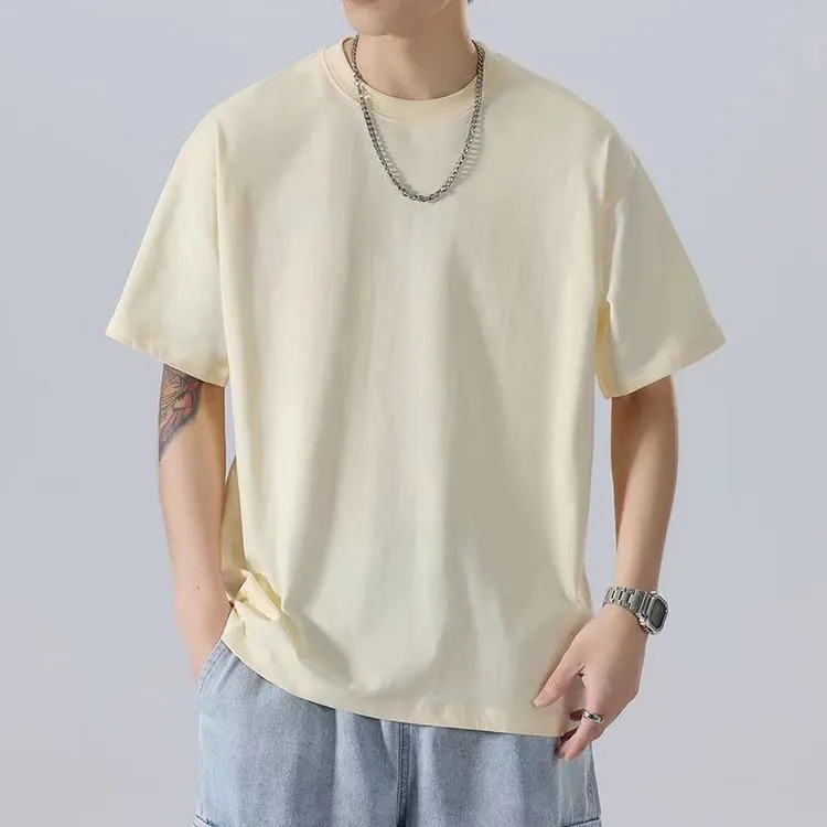 【T恤】2024宽松美式夏季高端微落肩潮流百搭圆领短袖i男士宽松纯色