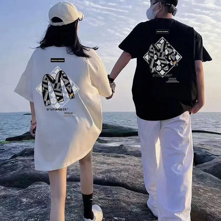 夏季落肩爆款时尚印花半袖圆领休闲百搭情侣装潮流T大码宽松简约.