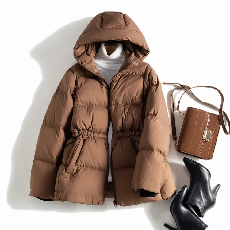 2025冬季新款鹅绒泡芙羽绒服女中款时尚保暖抽绳收腰连帽休闲外套