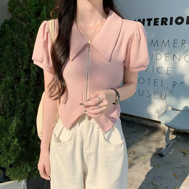 2023夏季新款华夫格棉T恤女短袖短款上衣夏polo领短款上衣衫女