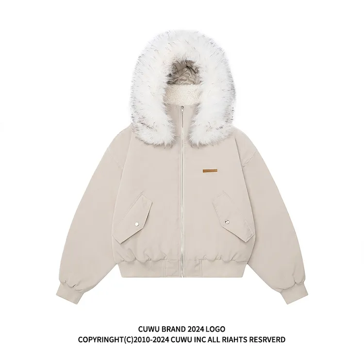cuwu座山雕加厚可拆卸毛领棉服女冬季美式小个子短款棉衣夹棉外套