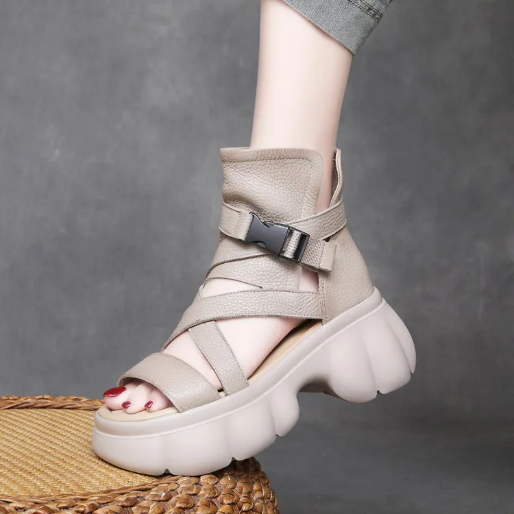 亭亭玉立头层牛皮镂空罗马高跟凉鞋真皮搭扣厚底跟鱼嘴小个子凉靴