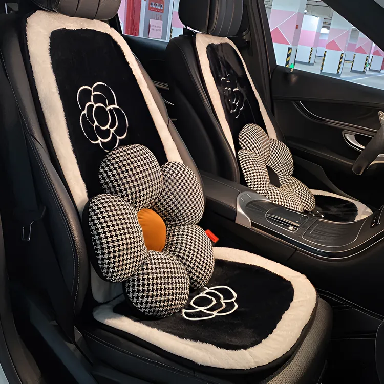 汽车坐垫冬季毛绒款冬天刺绣山茶花时尚加热座椅垫保暖后排车垫女