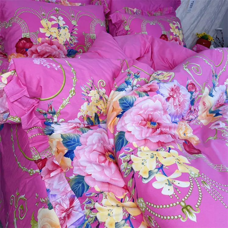 粉色菲边大花床上用品四件套纯棉床单全棉被套牡丹玫瑰花瓣简约风