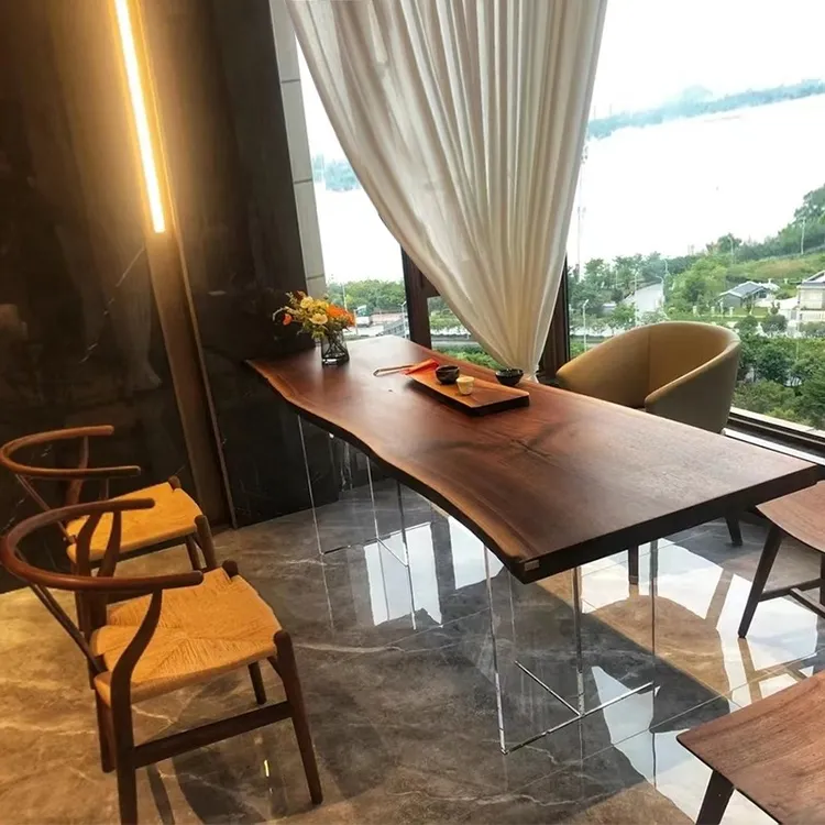 亚克力实木餐桌长方形家用书桌工作台悬浮茶桌办公桌原木大板茶桌