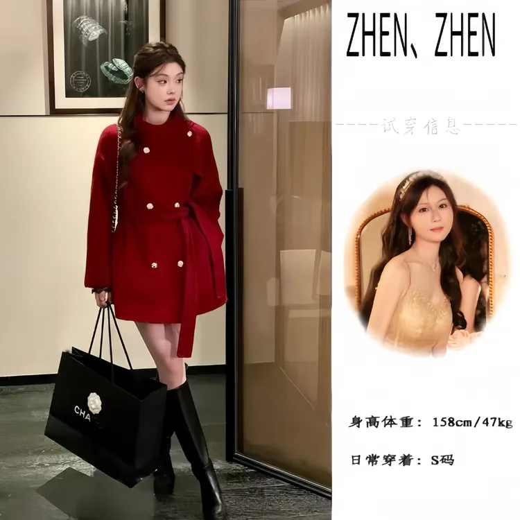 【千金女主】冬季网红名媛显瘦围脖领系带白色呢子大衣短款毛呢大衣