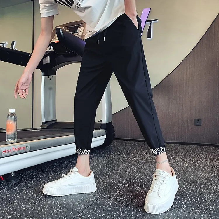 裤子男士春夏薄款ins潮牌痞帅卷边九分裤运动新款弹力小脚男裤子