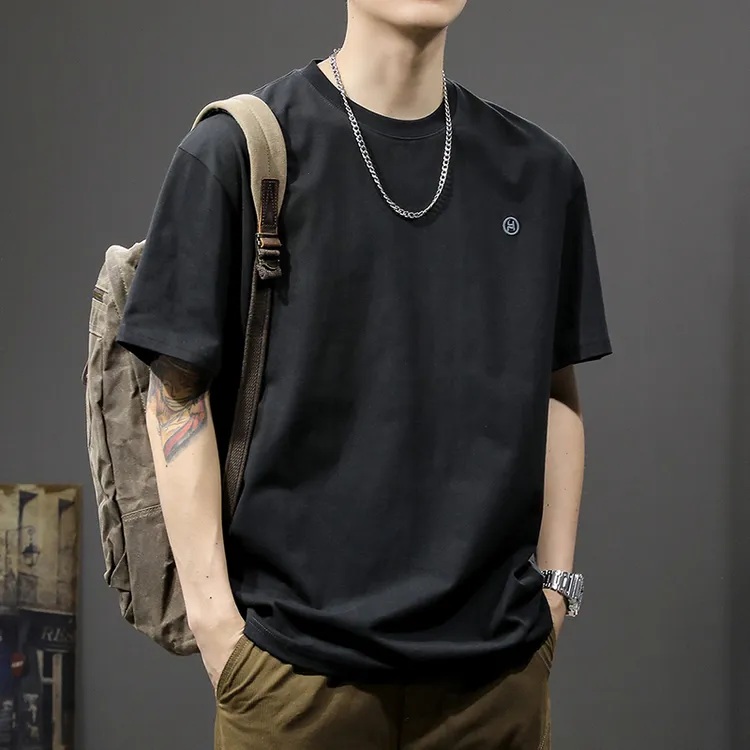 DIANRUO/殿若日系圆领短袖T恤男款夏季简约刺绣纯色宽松时尚上衣