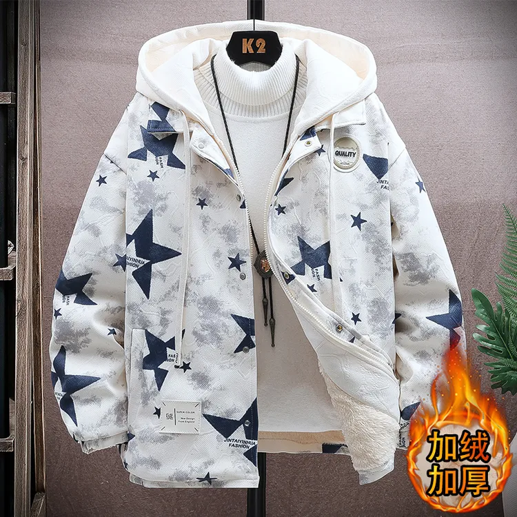 DIANRUO/殿若假两件连帽外套男秋冬款卡通印花夹克潮牌青少年上衣