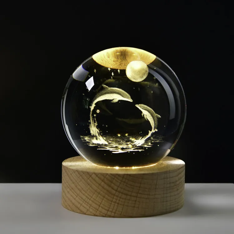 发光木底座内雕3D水晶球星空创意小夜灯桌面摆件同学闺蜜毕业礼物