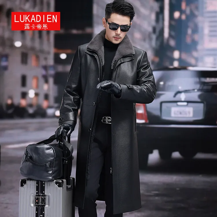 海宁水貂毛领头层牛皮真皮皮衣男士貂皮毛一体内胆大衣长风衣外套