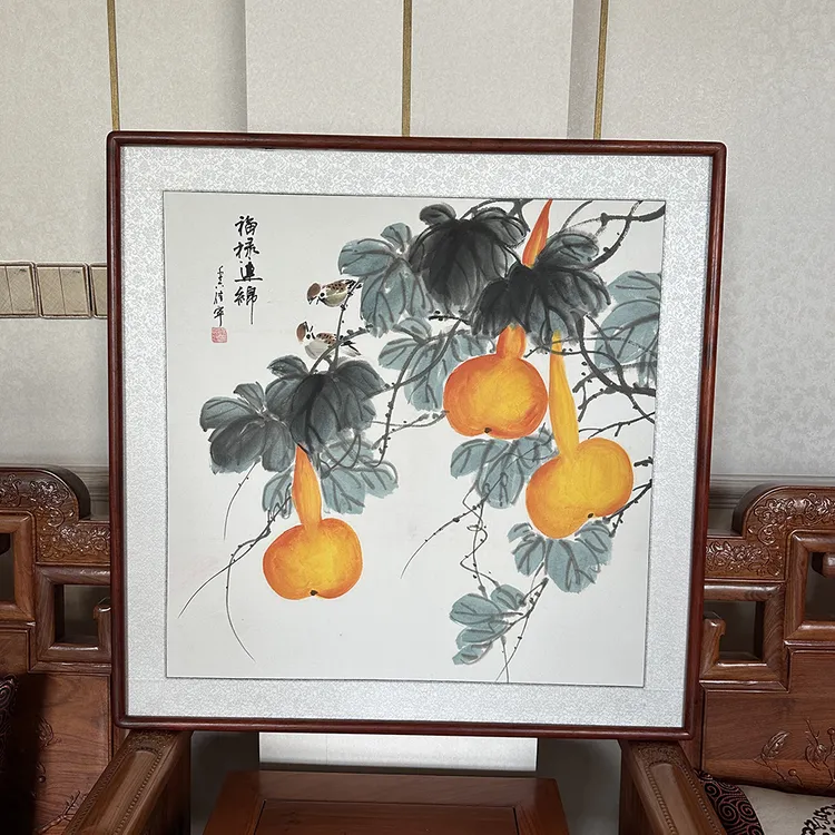 纯手绘水墨花鸟画83x83厘米红花梨圆角框宣纸画心国画葫芦图