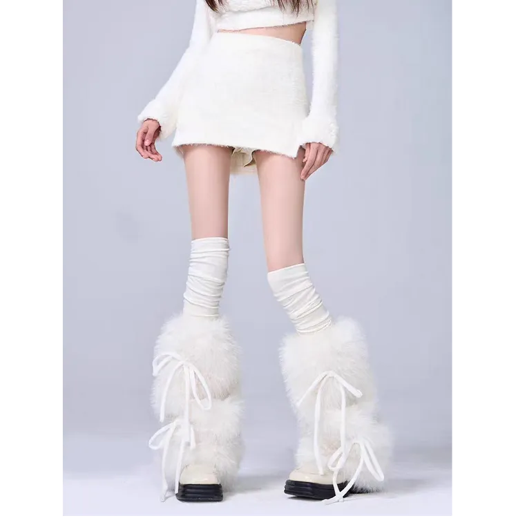 原宿风秋冬加厚绑带毛毛腿套中筒袜辣妹个性袜套白色保暖爆款新款