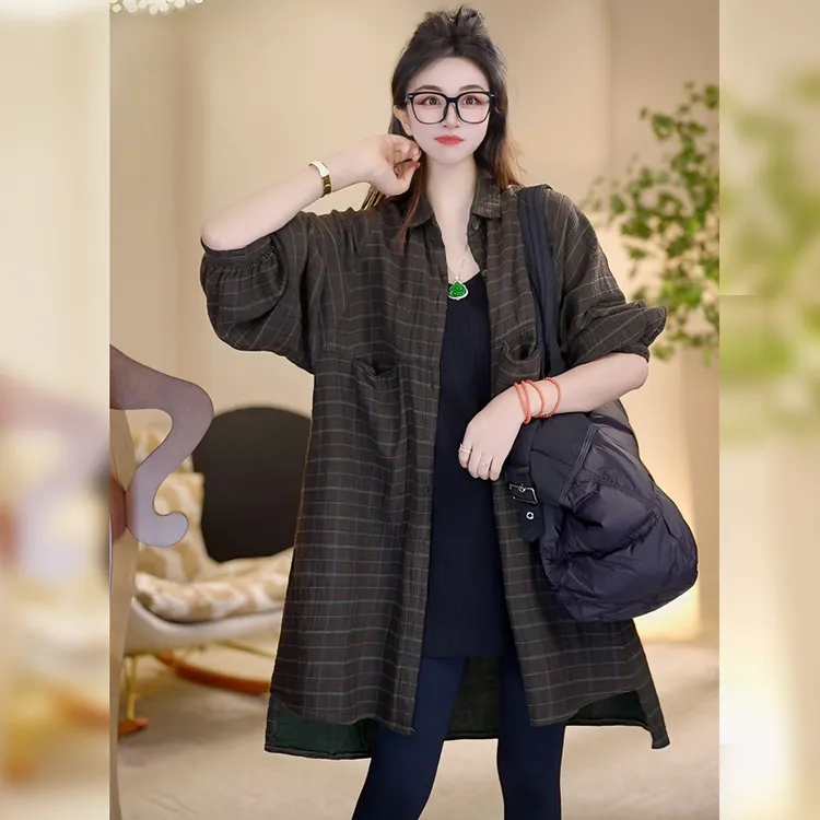 【Linda姐高端线】秋冬新款气质复古休闲长款格子衬衫AW4SCS0018