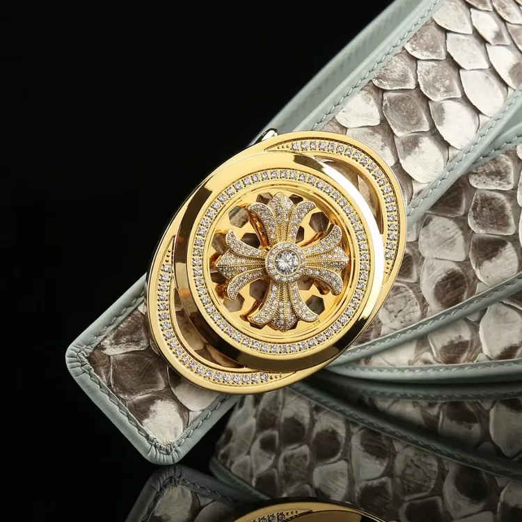 史蒂芬豹头鹰头时来运转镶钻钢扣真蛇皮皮带高档优雅商务男士腰带