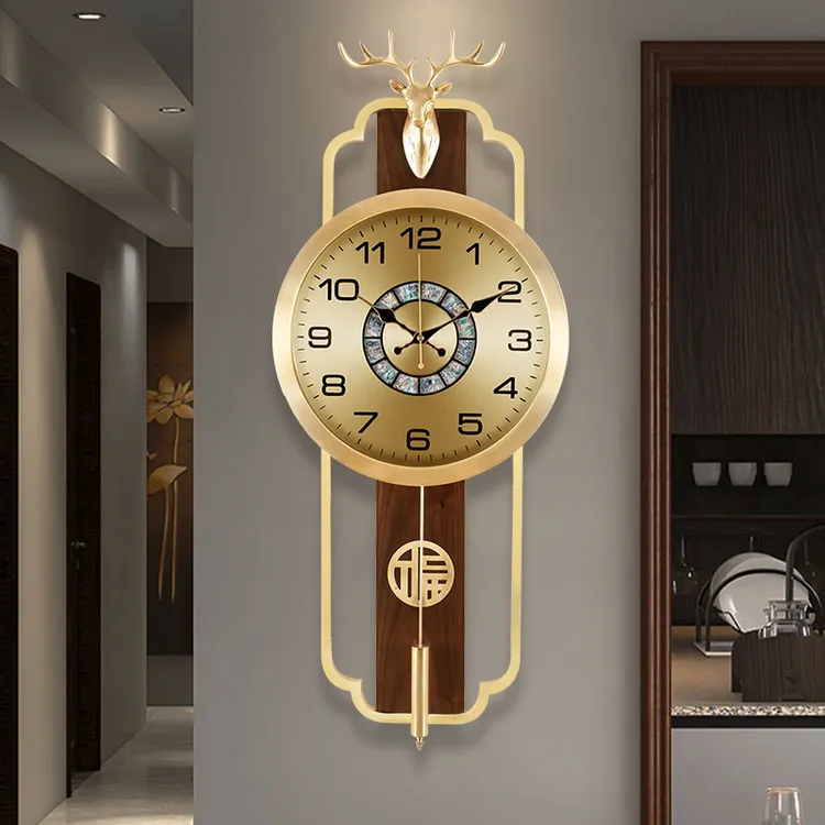 新中式鹿头挂钟客厅家用时尚创意钟表摆钟餐厅静音时钟装饰挂表35