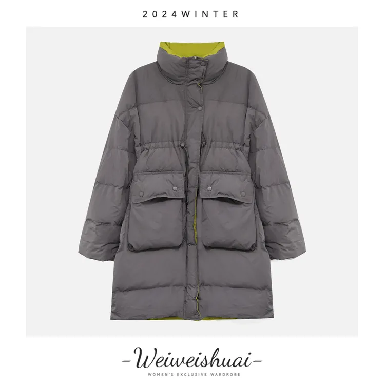 【广州微姐】女款冬季韩版潮流时尚百搭立领拼接中长款羽绒服803
