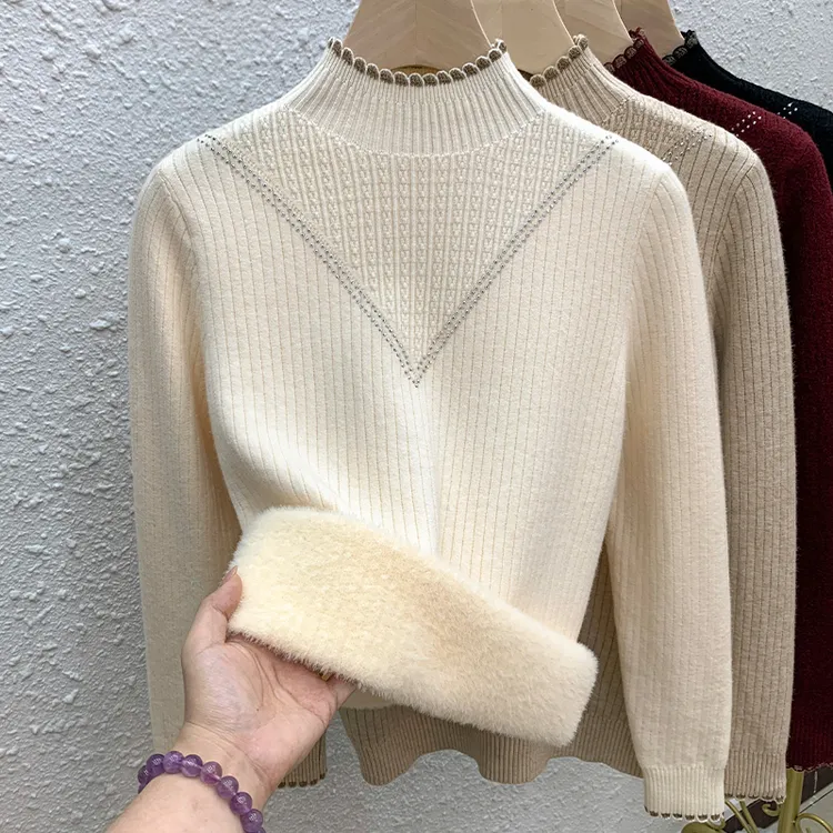 一体绒半高领长袖套头针织衫短款提花加绒加厚洋气针织毛衣女时尚