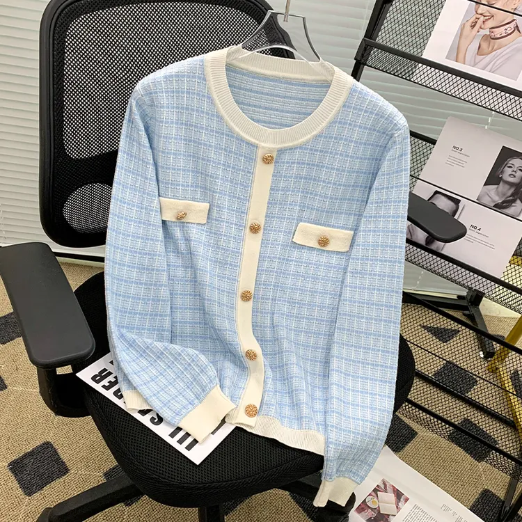 秋冬新款小香风格纹圆领长袖套头针织衫女气质别致针织毛衫