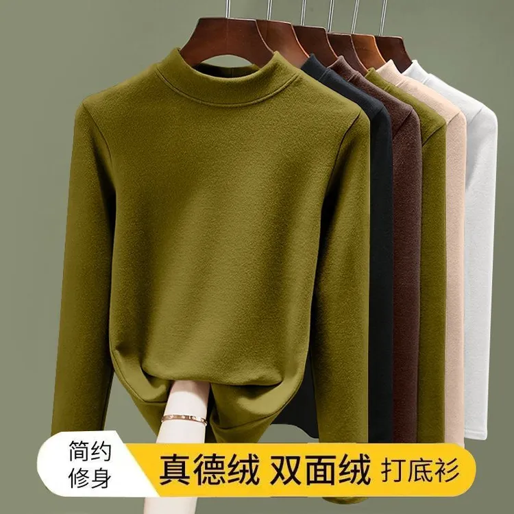 2025新款秋冬季加绒加厚双面德绒圆领高档打底衫时尚修身女装