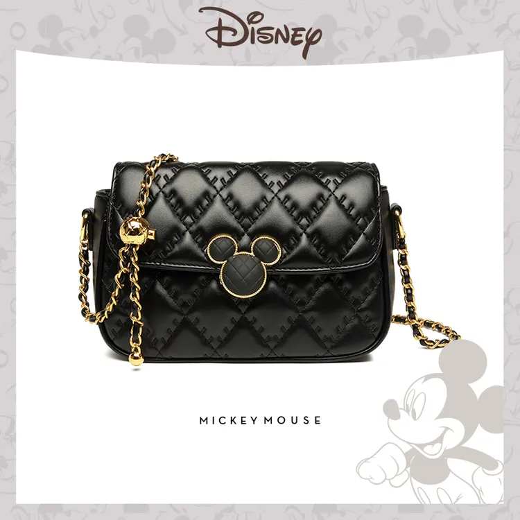 Disney/迪士尼米奇绣线小金球链条包黑色单肩菱格包