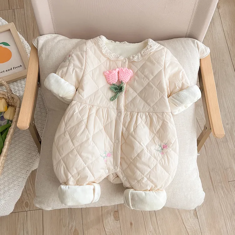 婴儿深秋夹棉连体衣新生儿宝宝冬季洋气郁金香衣服满月百天外出服