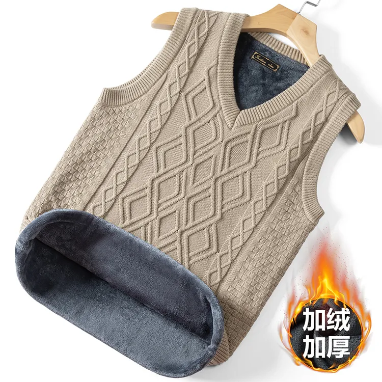 背心男加绒马甲纯棉V领秋冬季男装加厚坎肩线衣针织全棉休闲保暖