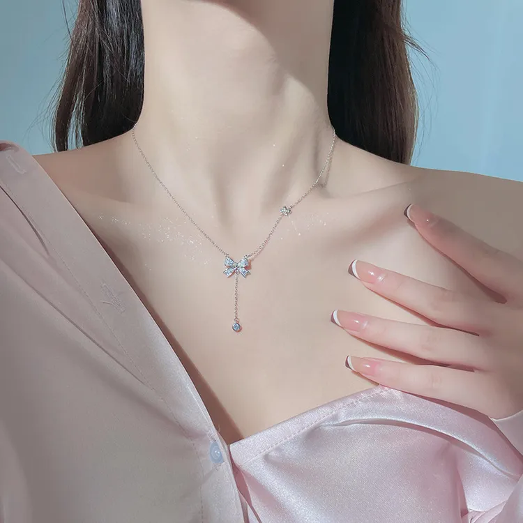 坠链均925银锆石 925纯银流苏蝴蝶结项链女生轻奢小众精致甜美