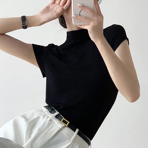纯欲风小飞袖半高领短袖T恤女春秋季修身显瘦百搭内搭外穿上衣潮