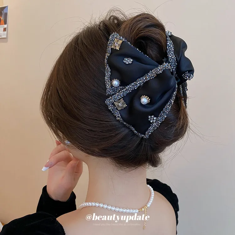 小香风镶钻珠珠款蝴蝶结发夹氛围感鲨鱼夹ins小众高级感抓夹发饰